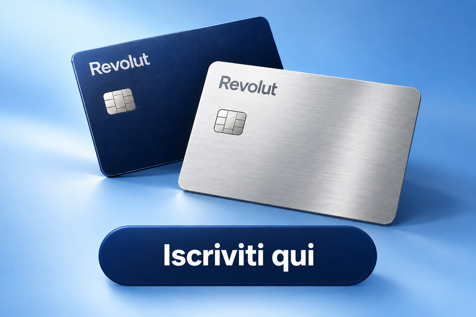 Carta Revolut su sfondo azzurro. Iscriviti qui.